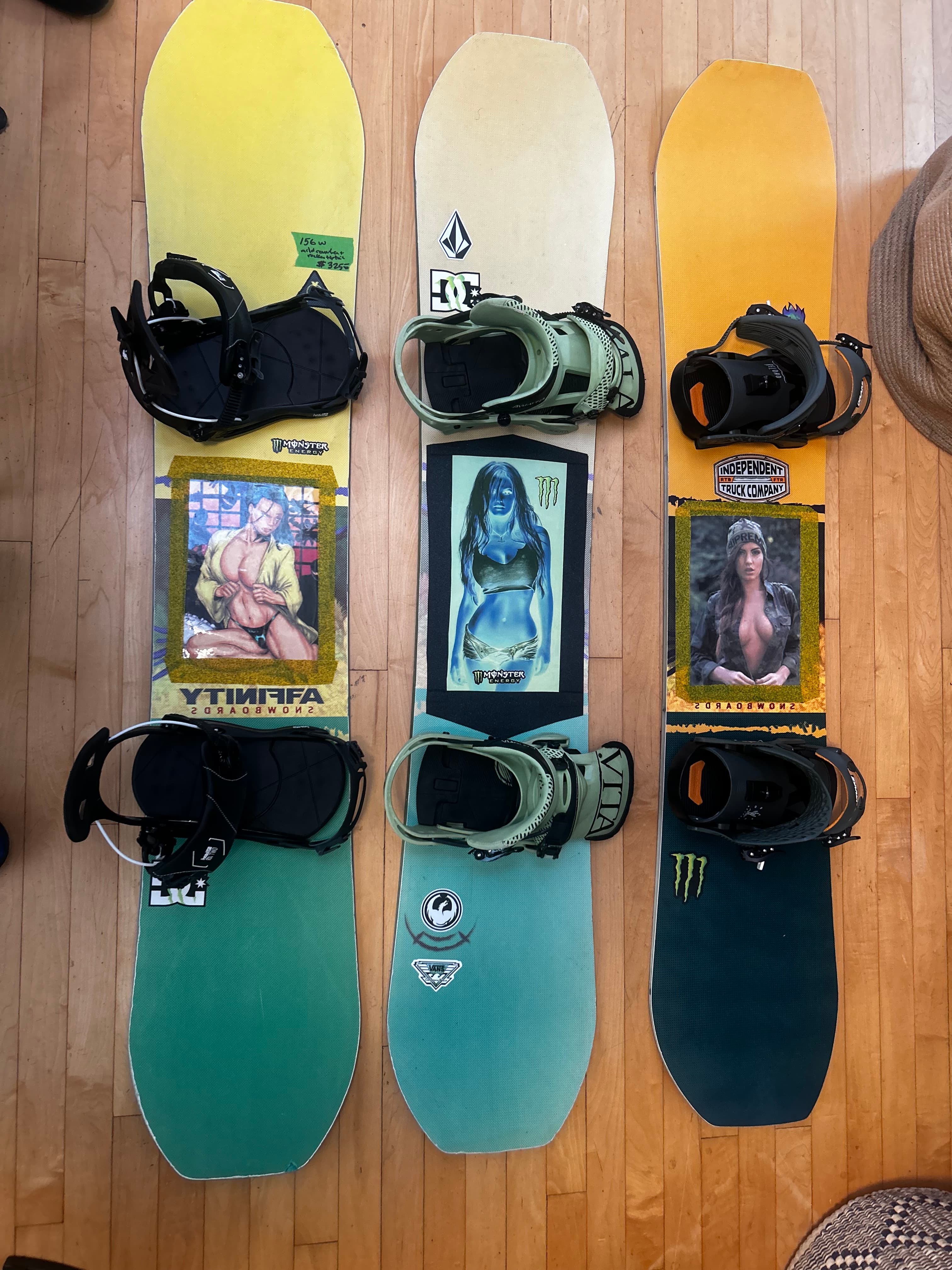 156 wide Affinity 5-0 Snowboards with Bindings